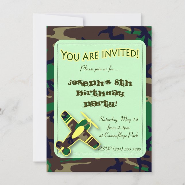Green Camo Airplane Party Invitation (Front)