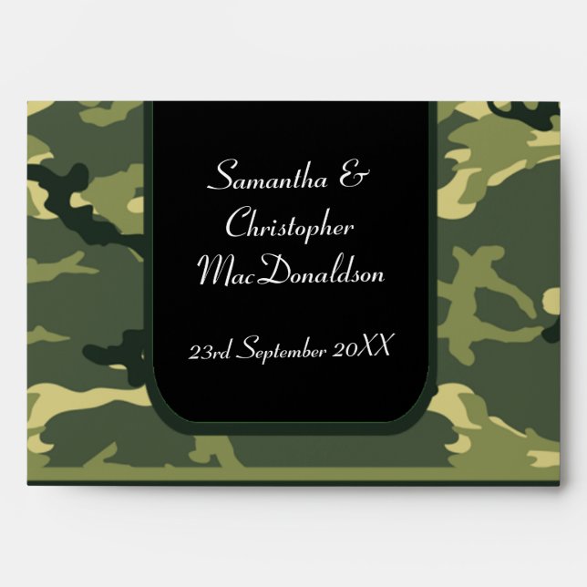 Green camo army military wedding envelope (Front)