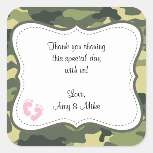 Green Camo Baby Shower Favor Label wpink feet