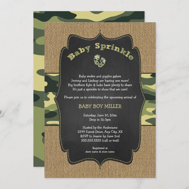 Green Camo Baby Sprinkle Invite, camouflage burlap Invitation (Front/Back)