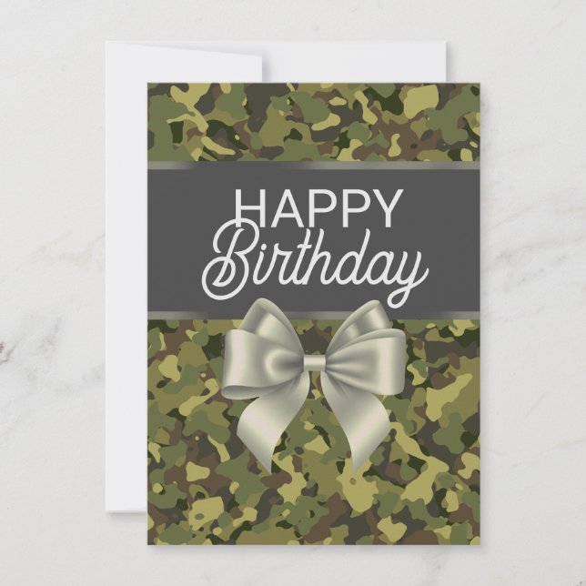 Green Camo & Bow Happy Birthday Card (Front)