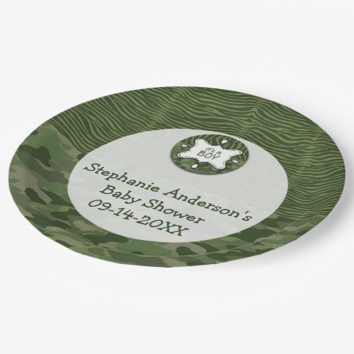 Green Camo Boy Baby Shower Paper Party Plates