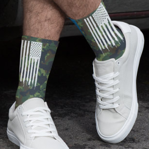 Green Camo Camouflage White US Flag Socks
