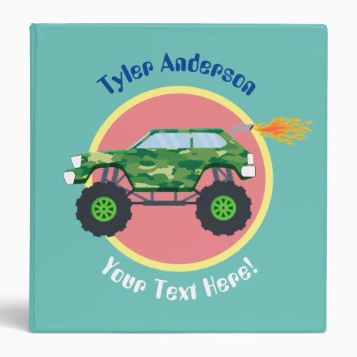 Green Camo Monster Truck DIY Name  Extra Text 3 Ring Binder