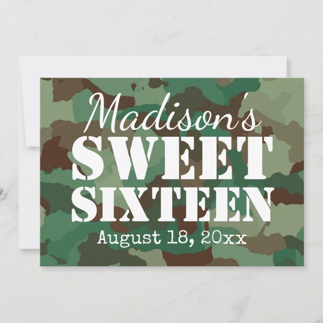 Green Camo Sweet Sixteen Party Invitations (Front)