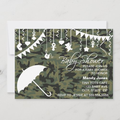 Green Camo umbrella modern baby shower invitations