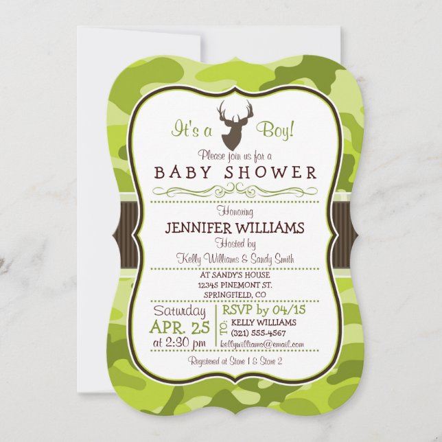 Green Camo with Buck; Boy Baby Shower Invitation (Front)