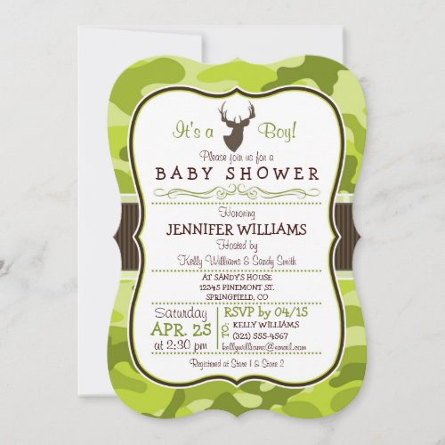 Green Camo with Buck; Boy Baby Shower Invitation