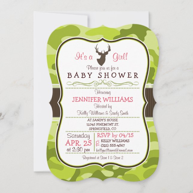 Green Camo with Buck; Girl Baby Shower Invitation (Front)