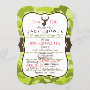 Green Camo with Buck; Girl Baby Shower Invitation