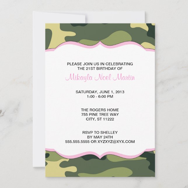 Green Camo with Light Pink Birthday Party Invite (Front)
