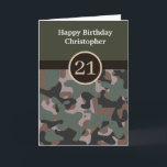 Green Camouflage 21st Birthday Card<br><div class="desc">A personalized green camouflage 21st birthday card for him, which you will be able to easily personalize the front with the recipient's name. The inside reads a birthday message which can also be personalized if wanted. The back features the solid green and camo design. Please see all photos. This green...</div>