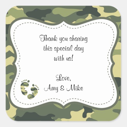 Green Camouflage Baby Shower Favor Label wfeet