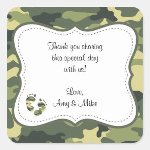 Green Camouflage Baby Shower Favor Label w/feet