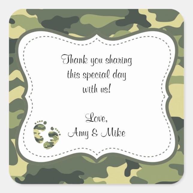 Green Camouflage Baby Shower Favor Label w/feet (Front)