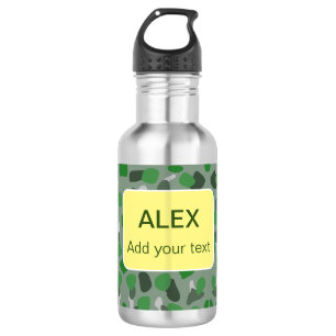 Green camouflage camo add name text school college stainless steel water bottle