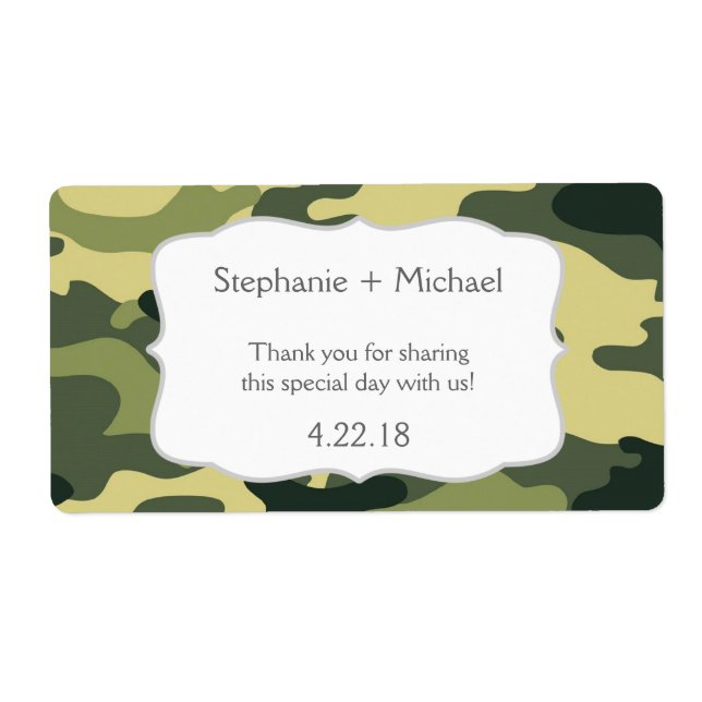 Green Camouflage Camo Water Bottle Favor Label (Front)