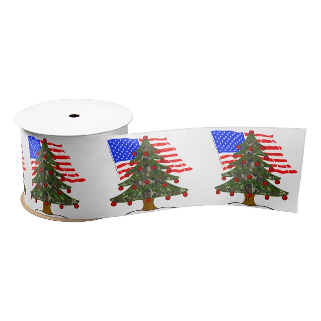 Green Camouflage Christmas Tree With USA Flag Satin Ribbon (Spool)