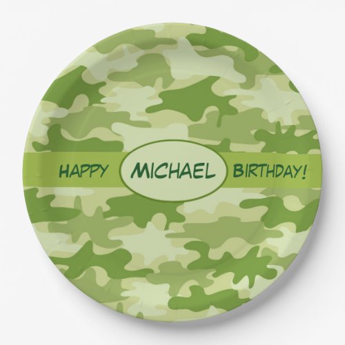 Green Camouflage Happy Birthday Name Personalized Paper Plates