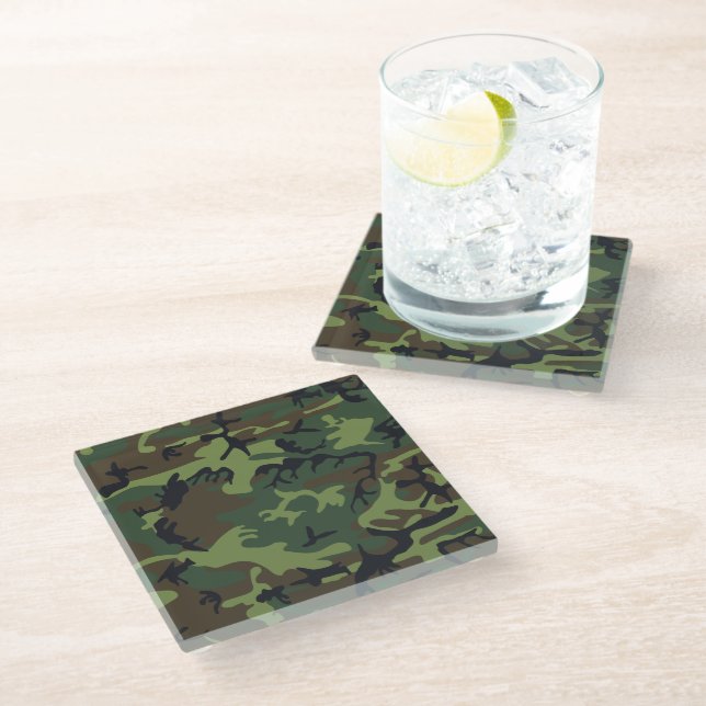 Green Camouflage Pattern, Military Pattern, Army Glass Coaster (Angled)