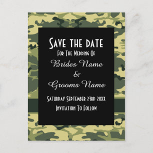 Green camouflage pattern save the date announcement postcard