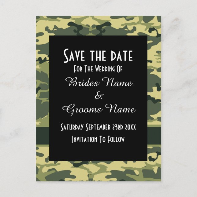 Green camouflage pattern save the date announcement postcard (Front)