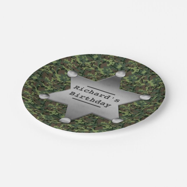 Green Camouflage Pattern Sheriff Badge Birthday Paper Plates (Angled)