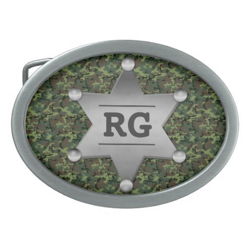 Green Camouflage Pattern Sheriff Badge Monogram Oval Belt Buckle