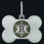 Green Camouflage Pattern Sheriff Badge Monogram Pet Name Tag<br><div class="desc">This customizable camo pattern dog/ cat tag design has a metal sheriff badge with space for you to add your pet's monogram / initial. The camouflage is in shades of green and brown. It's a great design for a pet owner who is in the military, a veteran, a woman or...</div>