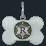 Green Camouflage Pattern Sheriff Badge Monogram Pet Name Tag<br><div class="desc">This customizable camo pattern dog/ cat tag design has a metal sheriff badge with space for you to add your pet's monogram / initial. The camouflage is in shades of green and brown. It's a great design for a pet owner who is in the military, a veteran, a woman or...</div>