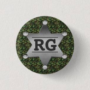 Green Camouflage Pattern Sheriff Badge Monogram Pinback Button