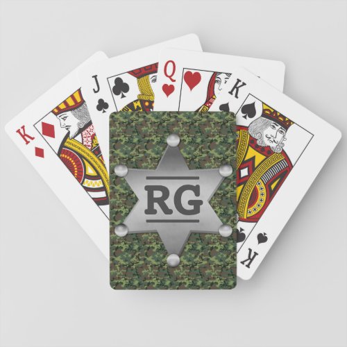 Green Camouflage Pattern Sheriff Badge Monogram Poker Cards