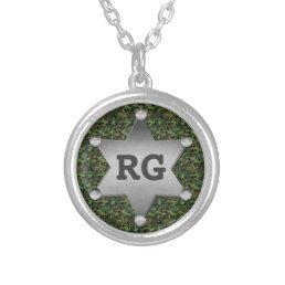 Green Camouflage Pattern Sheriff Badge Monogram Silver Plated Necklace