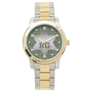 Green Camouflage Pattern Sheriff Badge Monogram Watch