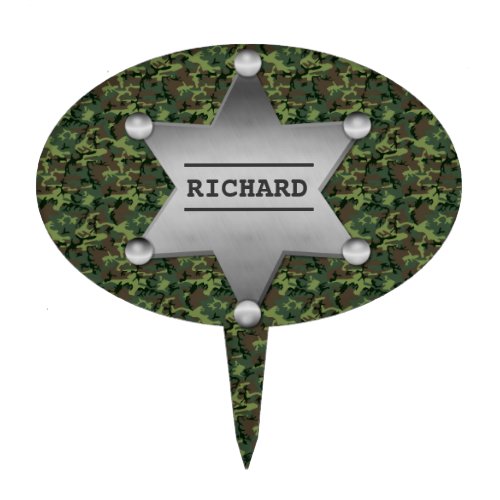 Green Camouflage Pattern Sheriff Name Badge Cake Topper