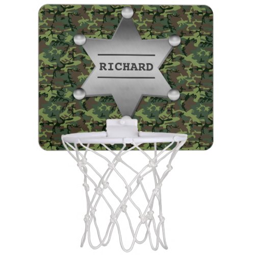 Green Camouflage Pattern Sheriff Name Badge Mini Basketball Hoop