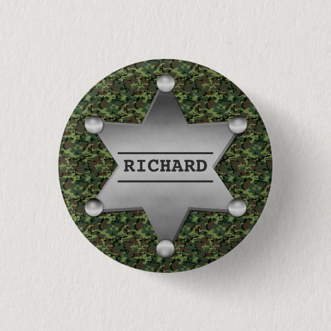 Green Camouflage Pattern Sheriff Name Badge Pinback Button (Front)