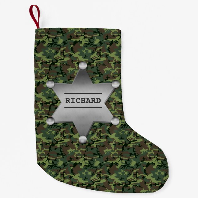 Green Camouflage Pattern Sheriff Name Badge Small Christmas Stocking (Front)