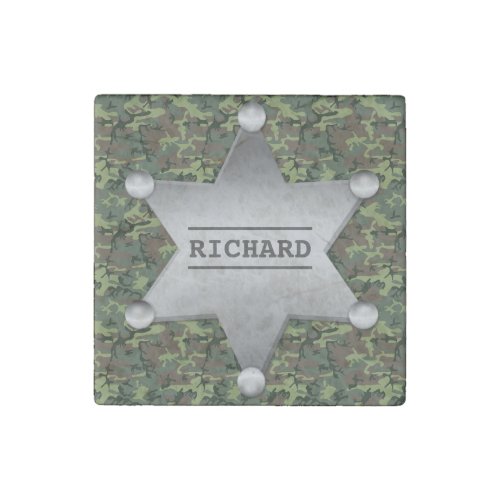 Green Camouflage Pattern Sheriff Name Badge Stone Magnet