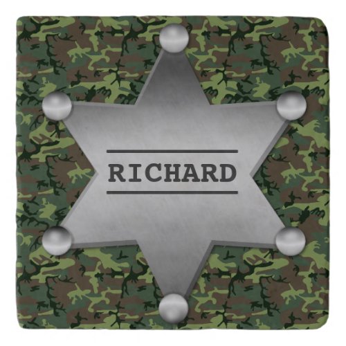 Green Camouflage Pattern Sheriff Name Badge Trivet