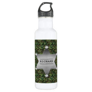 Green Camouflage Pattern Sheriff Name Badge Water Bottle