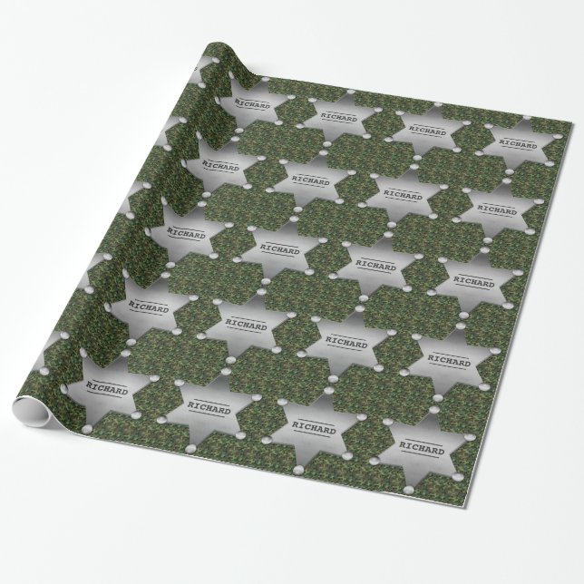 Green Camouflage Pattern Sheriff Name Badge Wrapping Paper (Unrolled)