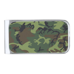 Green Camouflage Pattern Silver Finish Money Clip