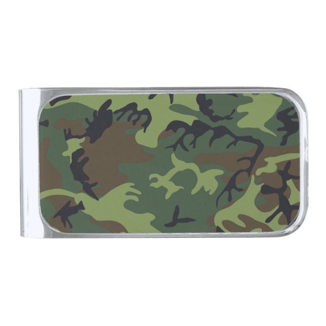 Green Camouflage Pattern Silver Finish Money Clip (Front)