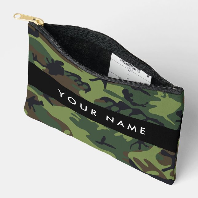 Green Camouflage Pattern, Your name, Personalize Accessory Pouch (Open)