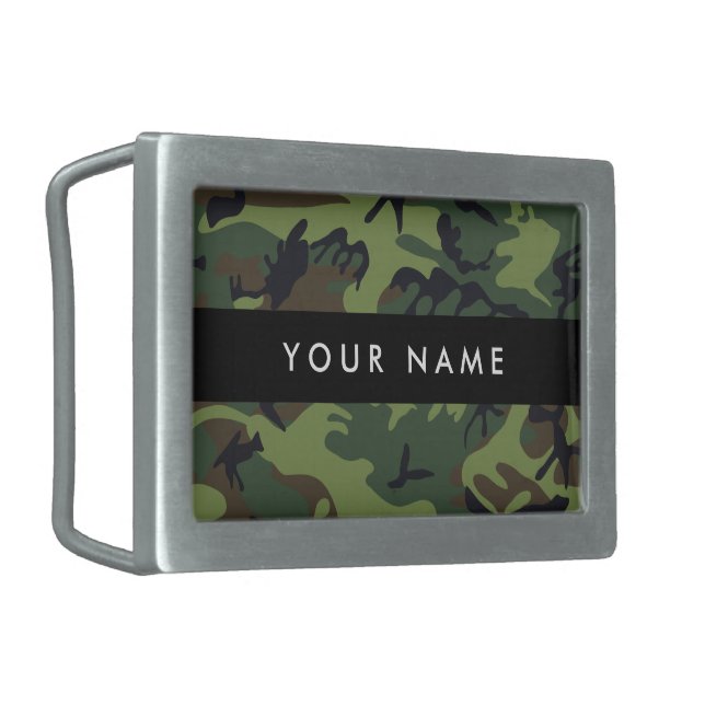 Green Camouflage Pattern, Your name, Personalize Belt Buckle (Front Left)