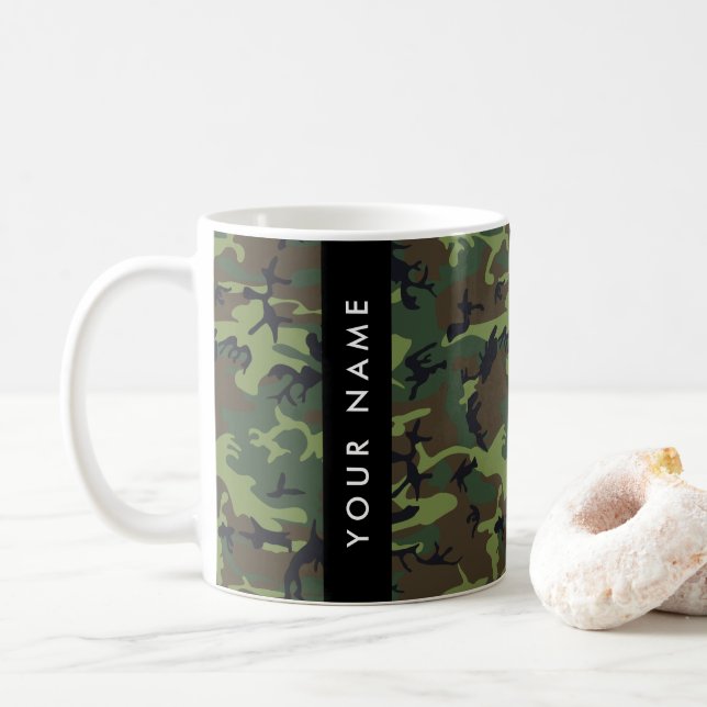 Green Camouflage Pattern, Your name, Personalize Coffee Mug (With Donut)