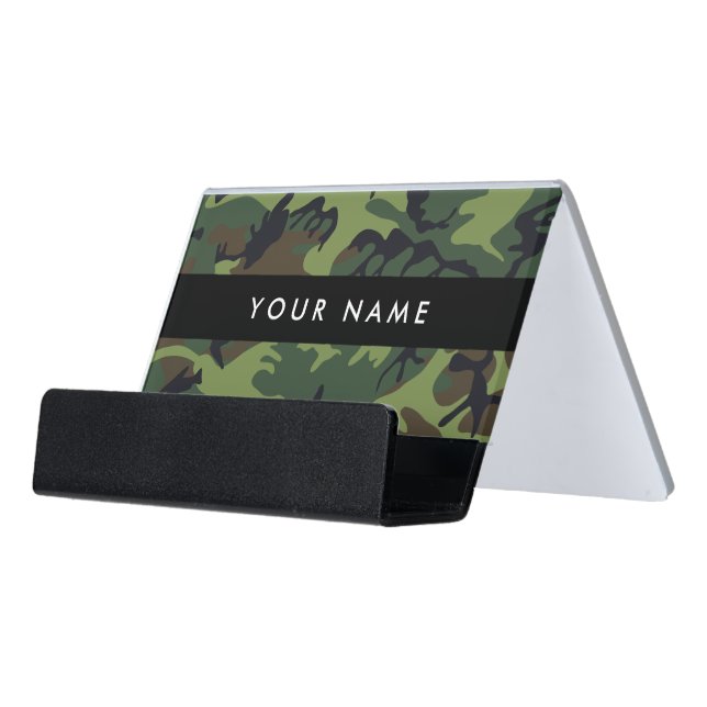 Green Camouflage Pattern, Your name, Personalize Desk Business Card Holder (Angled Front)