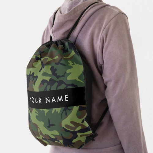 Green Camouflage Pattern Your name Personalize Drawstring Bag
