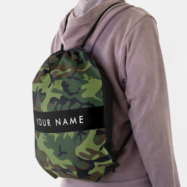 Green Camouflage Pattern, Your name, Personalize Drawstring Bag (Insitu)